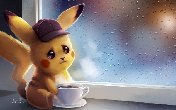 Movie Pokémon Detective Pikachu Pokémon Pikachu Cup Coffee Hat Window HD Wallpaper | Background Image