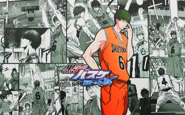 HD PC wallpaper of Shintarō Midorima from Kuroko's Basketball — standing in an orange Shutoku #6 jersey against a collage of black-and-white manga panels.