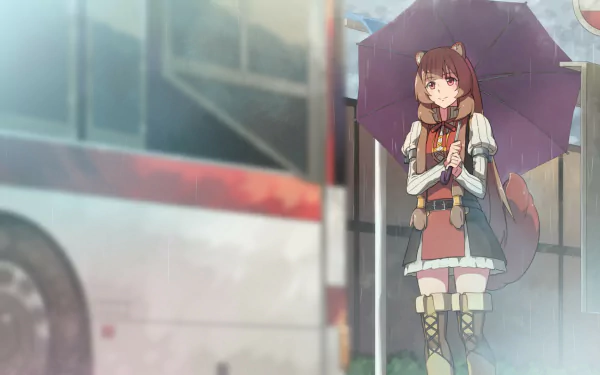 HD PC desktop wallpaper featuring Raphtalia from the anime The Rising of the Shield Hero, standing with an umbrella in a rainy urban setting.