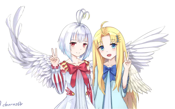 HD anime desktop wallpaper featuring Fitoria and Filo from The Rising of the Shield Hero, both with wings and making peace signs.