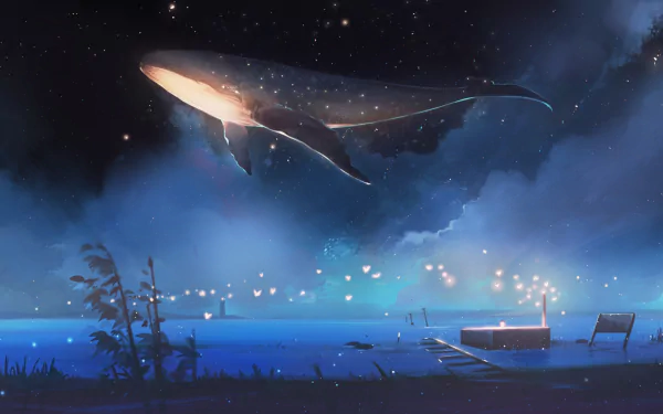 HD anime-style wallpaper featuring a fantastical scene of a glowing whale soaring over a moonlit, misty lake with boats and fireflies.