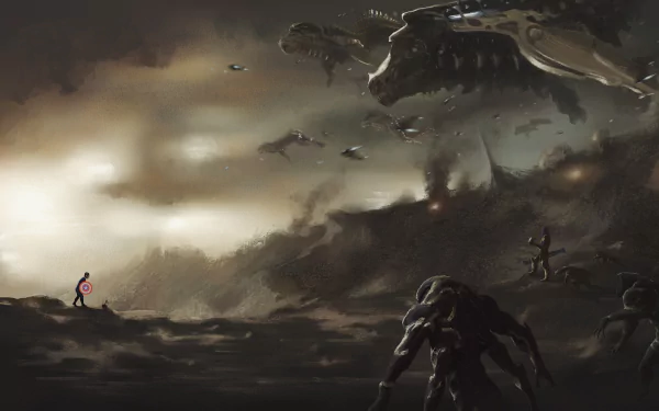 A dramatic HD desktop wallpaper featuring Captain America (Steve Rogers) facing Thanos in a desolate battlefield, inspired by a scene from the movie Avengers: Endgame.