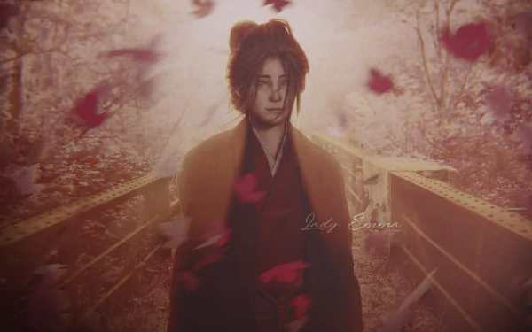 4K Ultra HD Sekiro: Shadows Die Twice PC wallpaper featuring a samurai cloaked figure standing on a bridge surrounded by falling red leaves in a misty, serene setting.