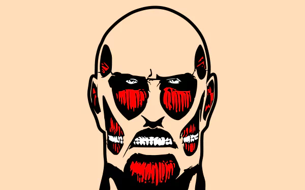 Minimalist 8K Ultra HD anime wallpaper featuring a close-up of the Colossal Titan's face from Attack on Titan with bold red and black shading on a pale background.