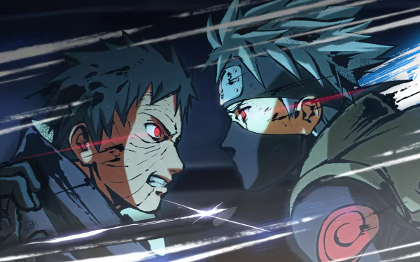 HD desktop wallpaper featuring Obito Uchiha and Kakashi Hatake from Naruto Shippuden: Ultimate Ninja Storm 4 video game, facing off intensely amidst dynamic energy lines.
