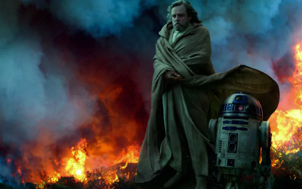 Luke Skywalker and R2-D2 in a scene from Star Wars: The Rise of Skywalker, featured in high-definition as a desktop wallpaper.