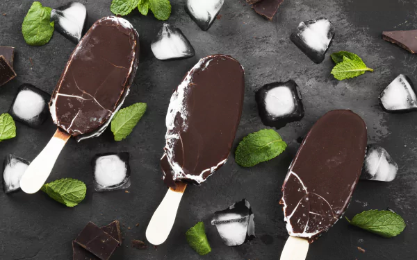 Three chocolate-covered ice cream popsicles surrounded by ice cubes, mint leaves, and chocolate pieces on a dark surface, captured in 4K Ultra HD still life.