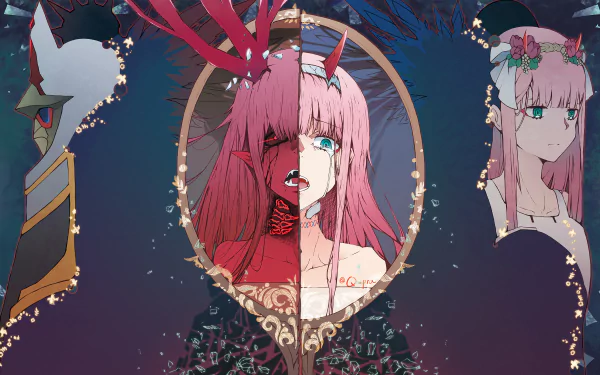 HD anime desktop wallpaper featuring Zero Two from Darling in the FranXX, with a striking split-face design framed by ornate mirrors against a dark, starry background.