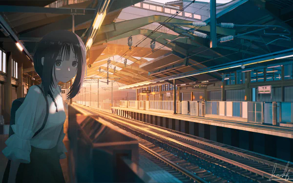 Anime-style 4K Ultra HD desktop wallpaper featuring a serene train station bathed in warm sunset light with a girl standing near the platform edge.