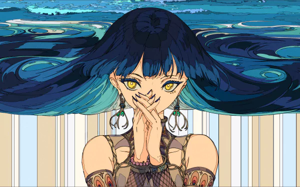 Anime-style original character with long dark hair and yellow eyes, wearing earrings, set against a stylized blue background. 4K Ultra HD PC desktop wallpaper.