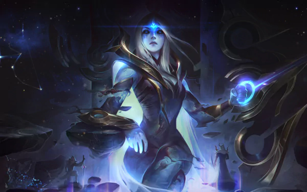 HD PC desktop wallpaper featuring Ashe from League of Legends, depicted with glowing blue elements and a mystical, cosmic background from the video game.