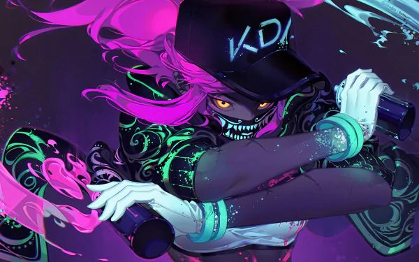HD desktop wallpaper and background featuring K/DA Akali from League of Legends, showcasing her in vibrant colors with neon pink hair and a black cap.