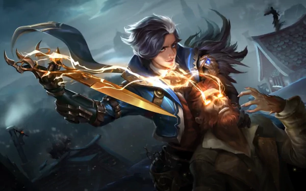 HD PC desktop wallpaper background of Mobile Legends: Bang Bang – a blue‑clad hero slashing a snarling werewolf with a glowing golden blade on stormy rooftop battlements.
