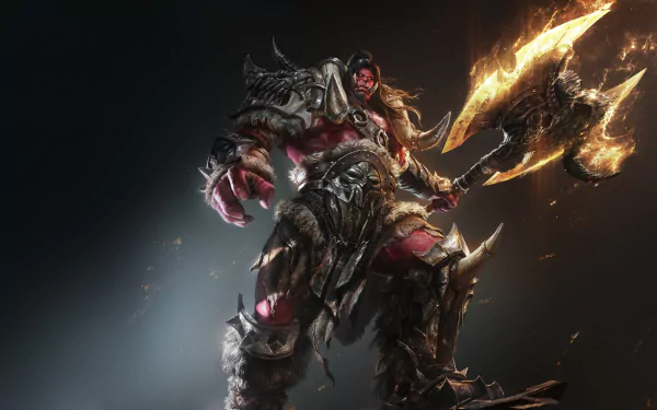 HD PC desktop wallpaper: hulking orc fantasy warrior in spiked armor brandishing a blazing axe, poised to strike against a dark smoky backdrop.