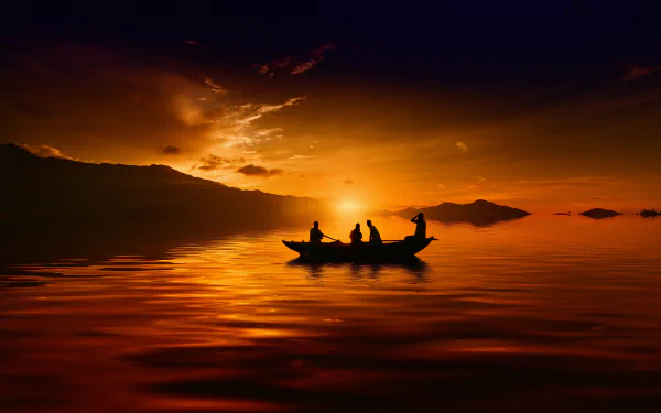 Silhouetted canoe with passengers glides across a lake at sunset, captured in stunning 8K Ultra HD for a vibrant PC desktop wallpaper.