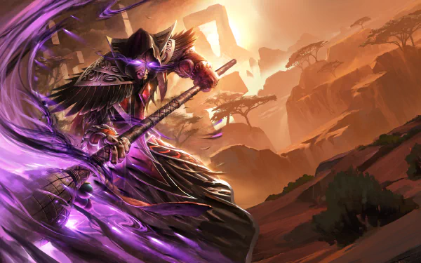 Medivh from Hearthstone: Heroes of Warcraft conjures purple arcane energy above a sunlit savanna — dramatic 4K Ultra HD PC desktop wallpaper.