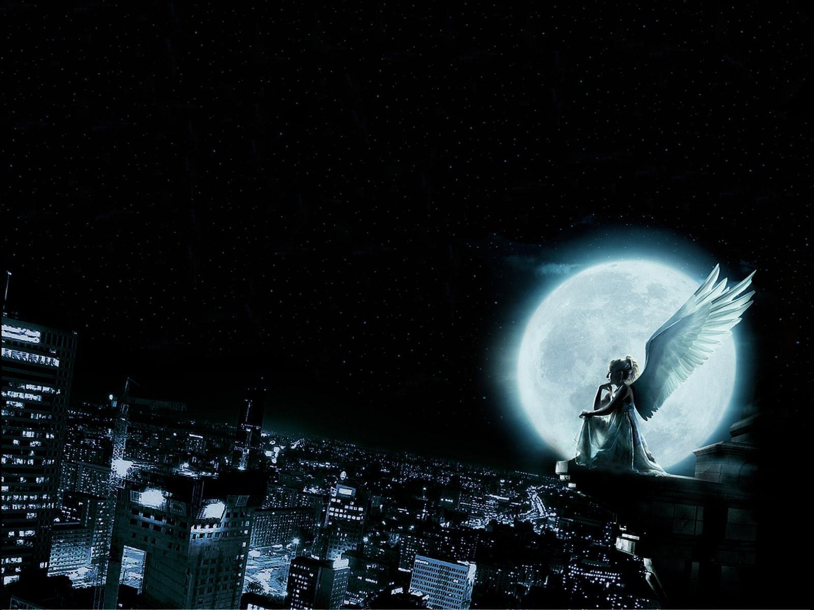HD fantasy desktop wallpaper featuring an angel sitting on a building ledge against a backdrop of a city skyline and a large full moon.