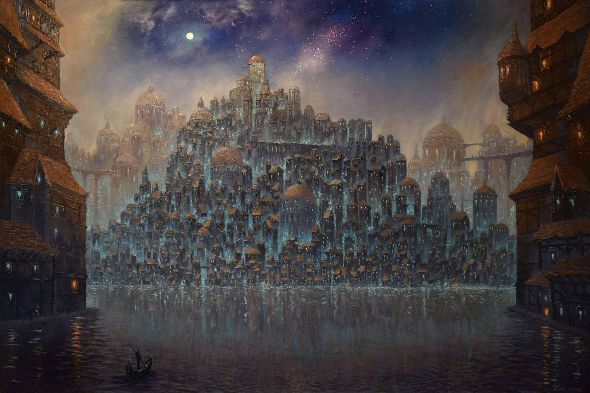 HD fantasy cityscape with towering, intricate buildings clustered on a hill, glowing softly under a misty night sky, reflected in calm water below.