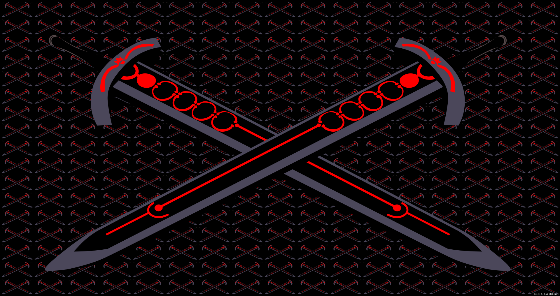 Minimalist vector 8K Ultra HD desktop wallpaper: crossed Excalibur swords in red and black, anime-inspired Fate/Grand Order design.