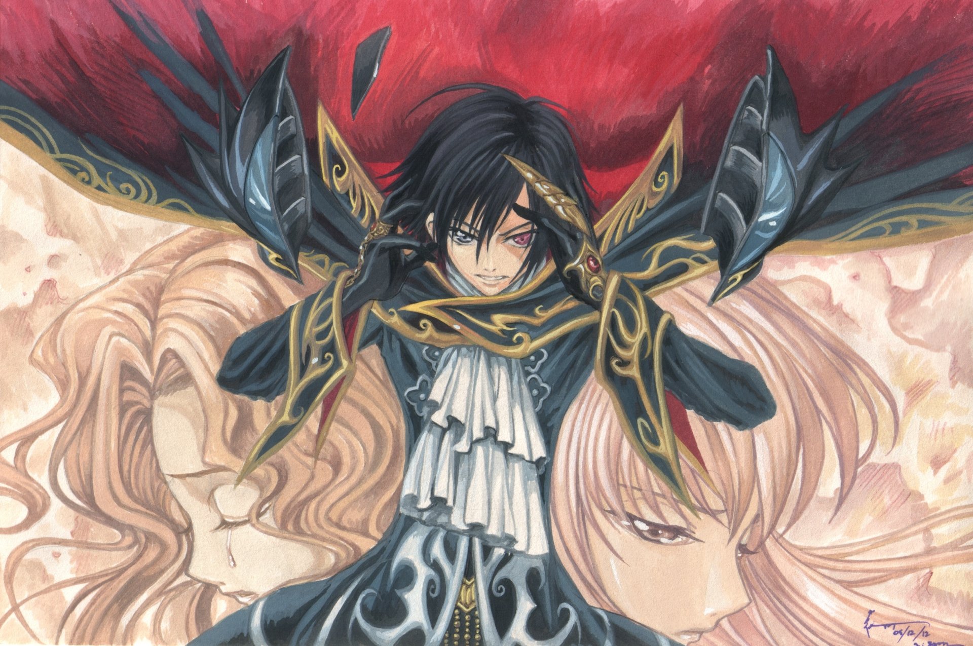 HD anime desktop wallpaper featuring Lelouch Lamperouge in intricate black and gold attire with Nunnally Lamperouge in the background, inspired by Code Geass.