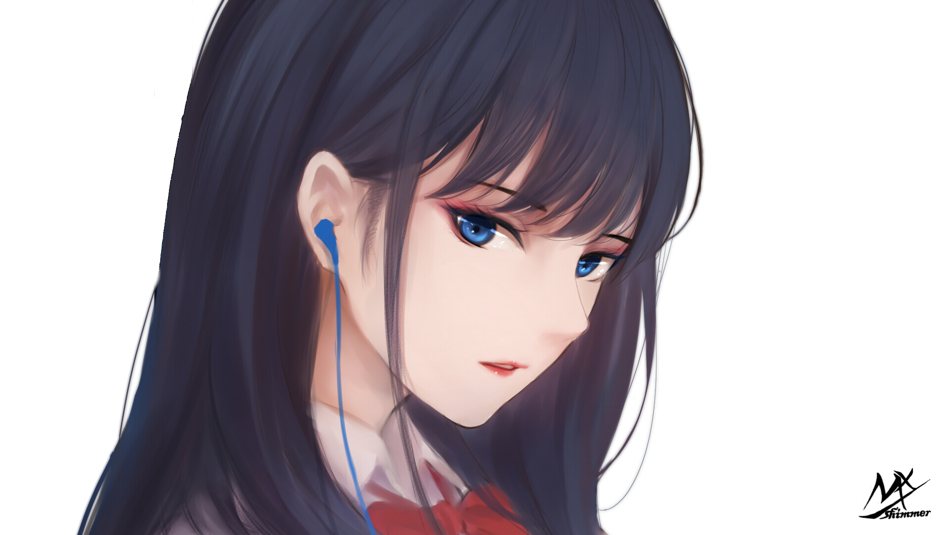 HD anime desktop wallpaper featuring Rikka Takarada from SSSS.Gridman with long dark hair, blue eyes, and earphones.