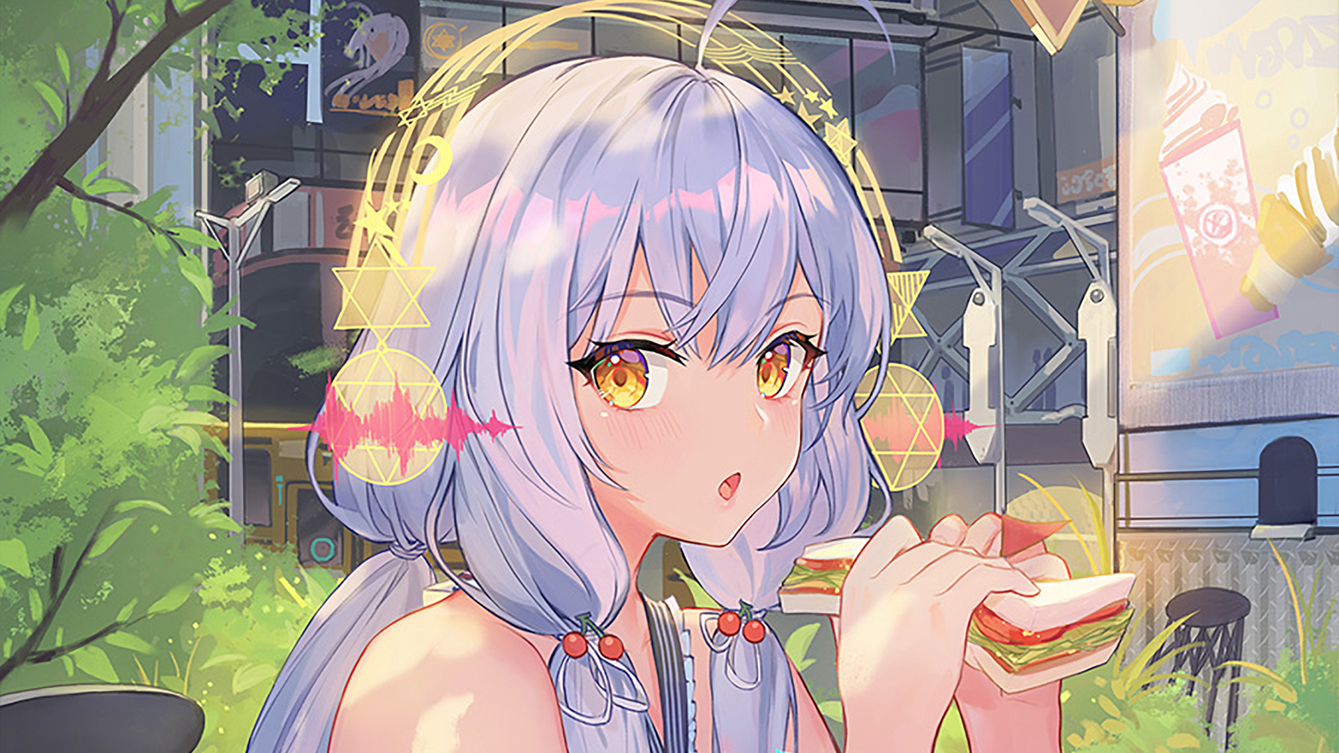 An HD desktop wallpaper featuring the Vocaloid character Xingchen with long white hair and yellow eyes, wearing headphones. She is depicted in an anime style, enjoying a sandwich in a vibrant urban setting.