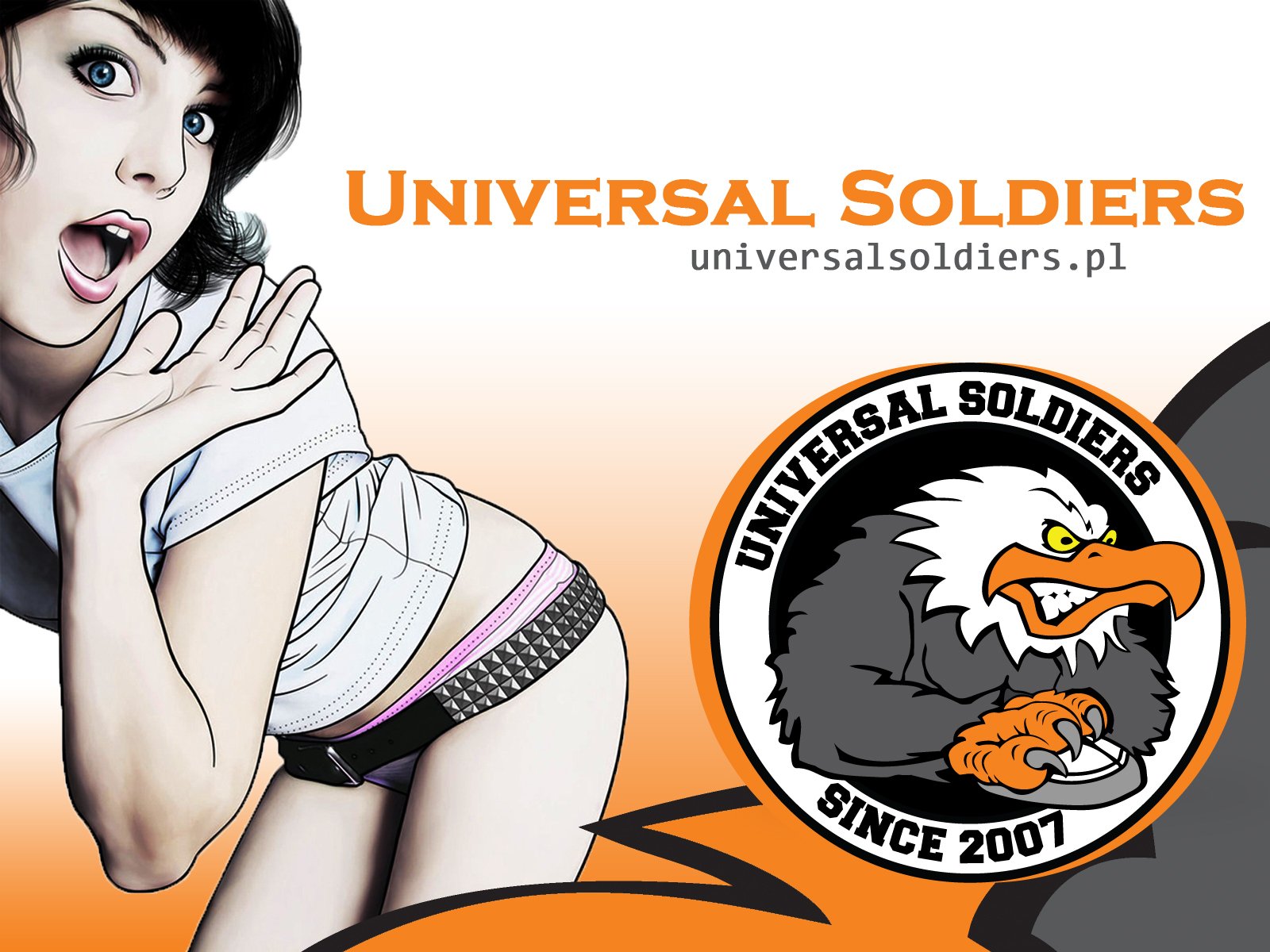 HD PC desktop wallpaper for Counter-Strike: comic pin-up beside a snarling eagle crest with text Universal Soldiers — Since 2007, representing the US Universal Soldiers Counter-Strike video game community.