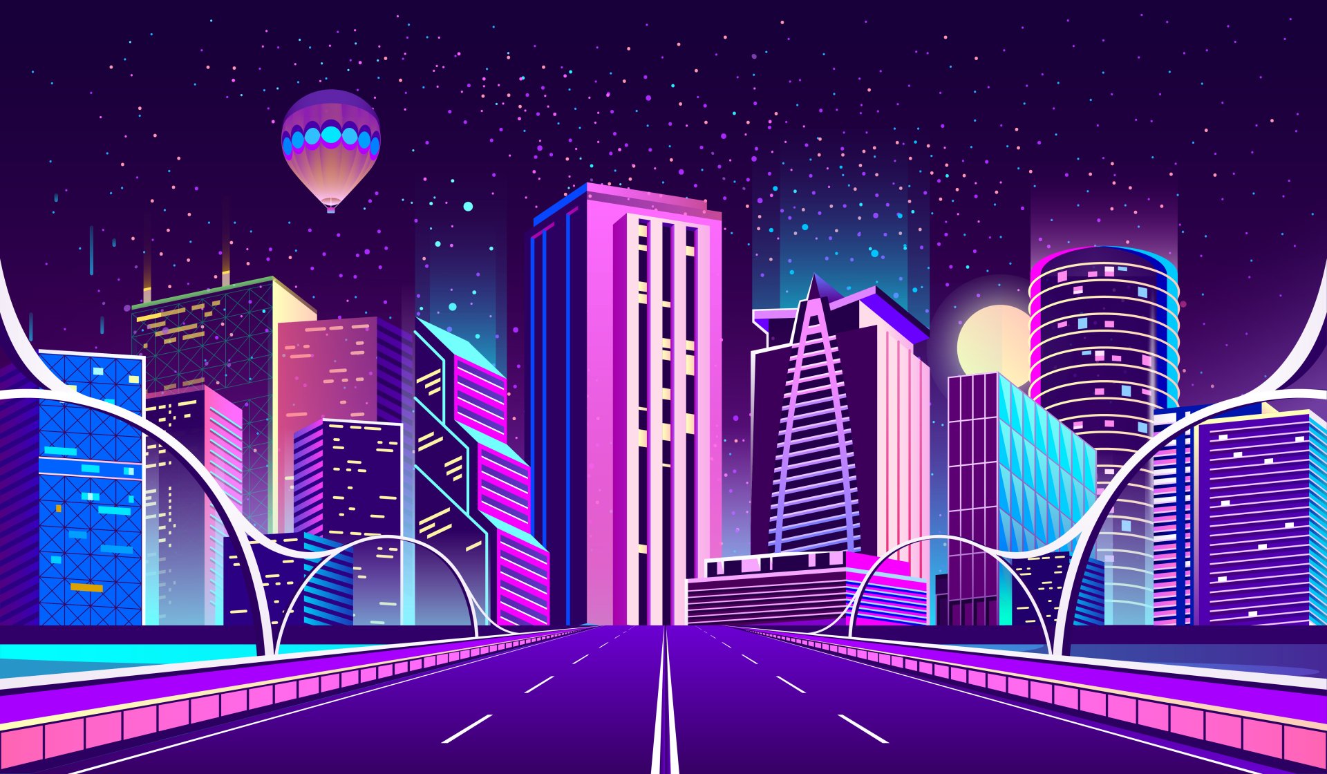 Artistic HD wallpaper featuring a vibrant cityscape with skyscrapers, a road in the foreground, and a hot air balloon floating above, highlighted against a starry night sky.