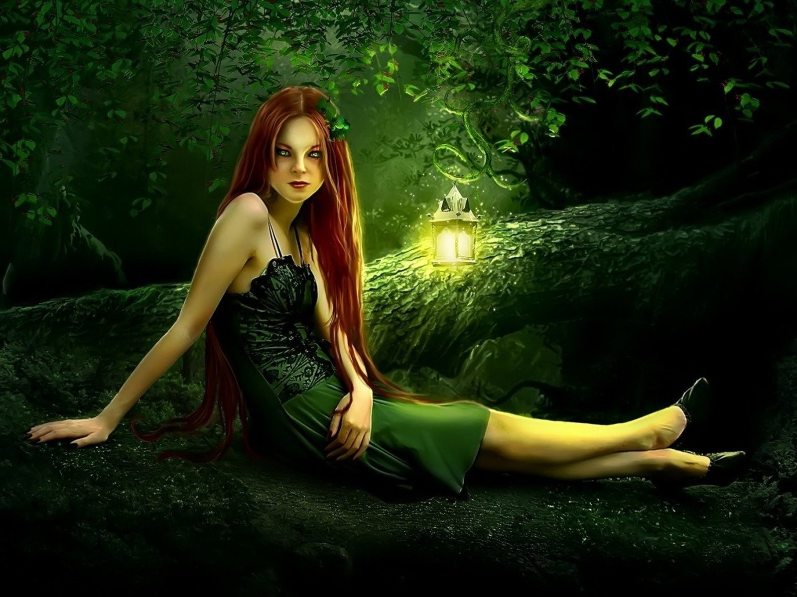 Fantasy-themed HD PC desktop wallpaper featuring a woman with long red hair in a dark green dress, sitting on a mossy forest floor illuminated by a glowing lantern.