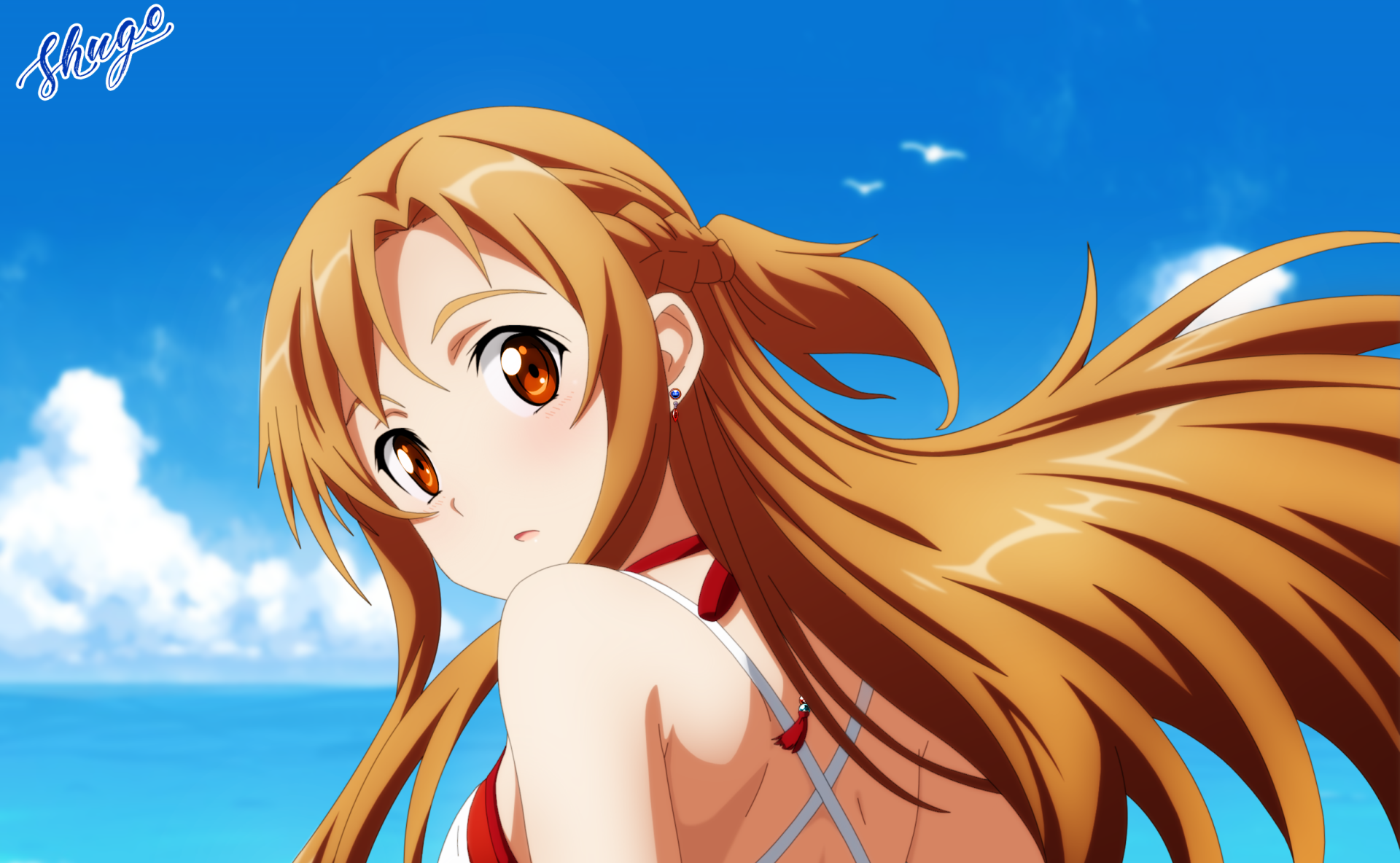 HD PC wallpaper: Asuna Yuuki (Sword Art Online) — anime portrait of her looking over her shoulder with long flowing hair against a bright blue sky and sea.