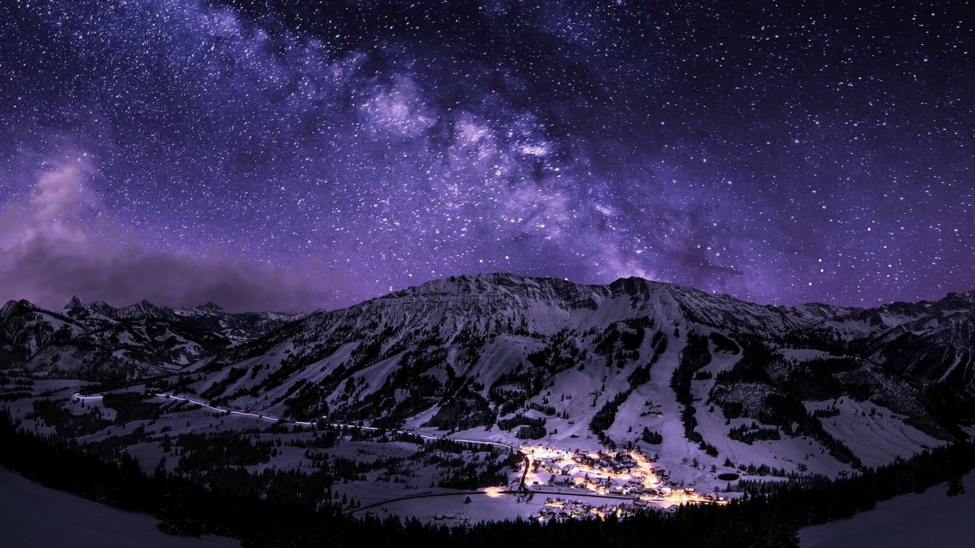 Download Milky Way Snow Night Winter Mountain Man Made Village Winter Night Snowy Mountain Night Snow HD Wallpaper