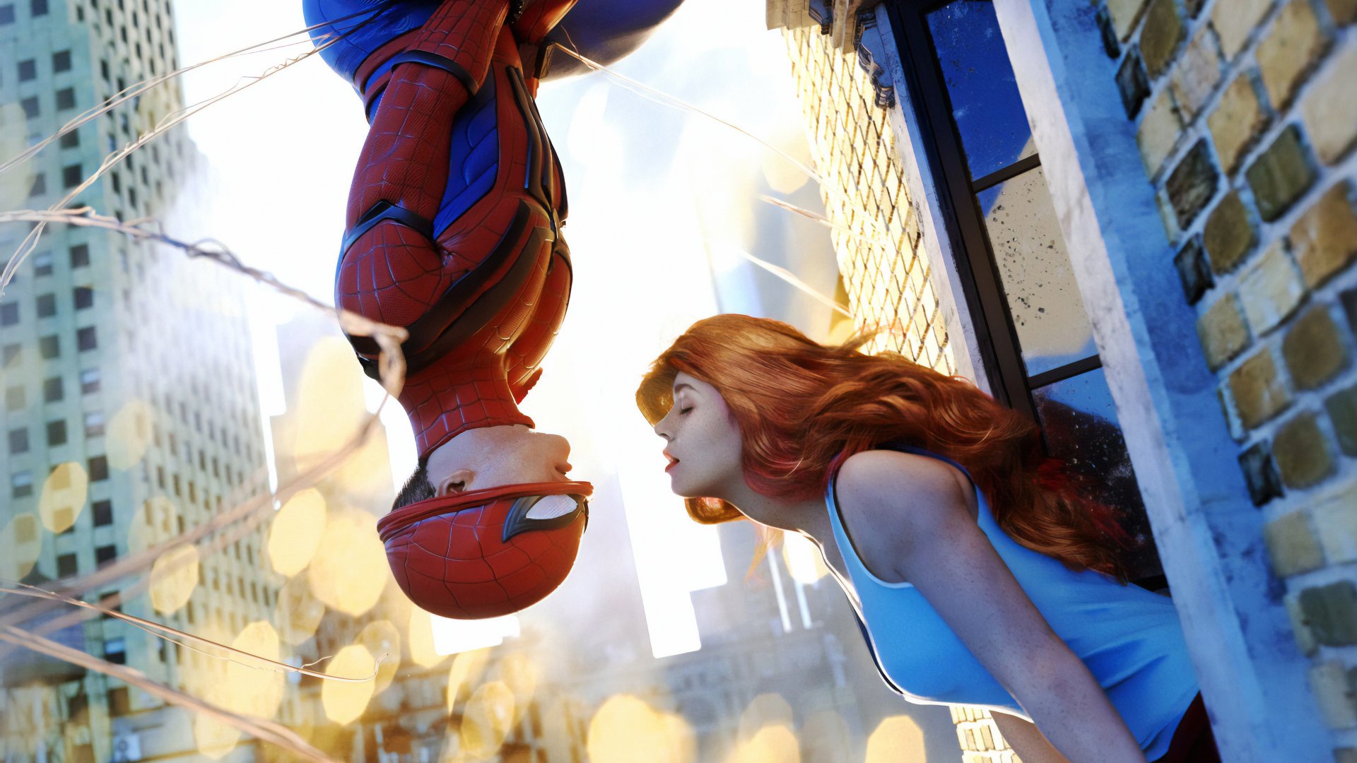 4K Ultra HD comic-style wallpaper featuring Spider-Man (Peter Parker) hanging upside down, sharing a romantic moment with redhead Mary Jane Watson in a cityscape background.