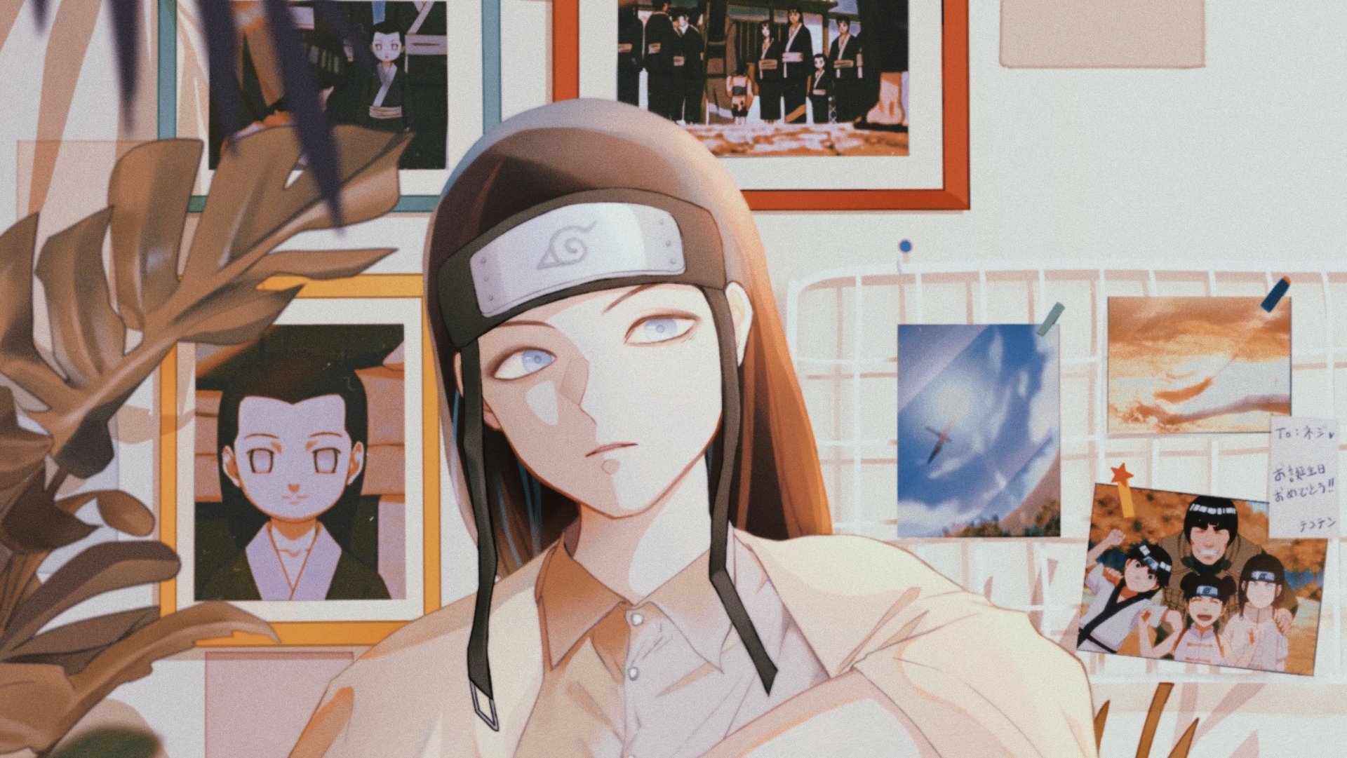 HD Naruto anime wallpaper featuring Neji Hyūga in the foreground with framed images of Rock Lee, Tenten, and Might Guy in the background.