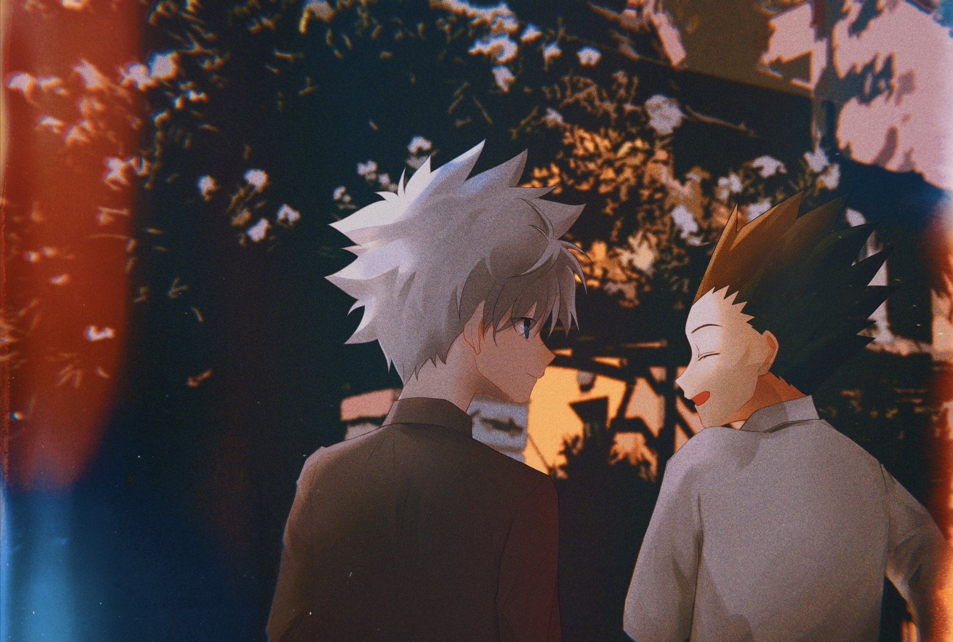 HD anime wallpaper featuring Gon Freecss and Killua Zoldyck from Hunter x Hunter sharing a serene moment against a sunset backdrop.