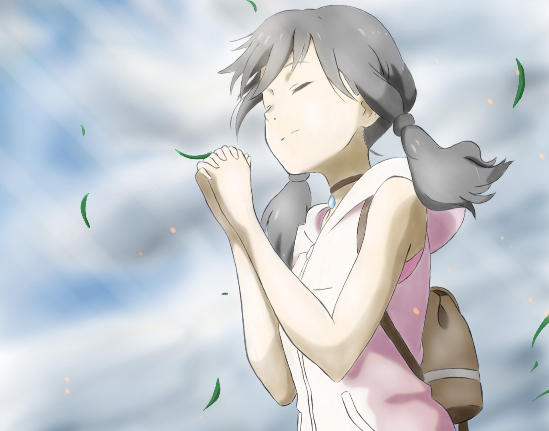 Hina Amano from Weathering with You, eyes closed and hands clasped against a windy sky with swirling leaves — 2K Quad HD PC desktop wallpaper/background.