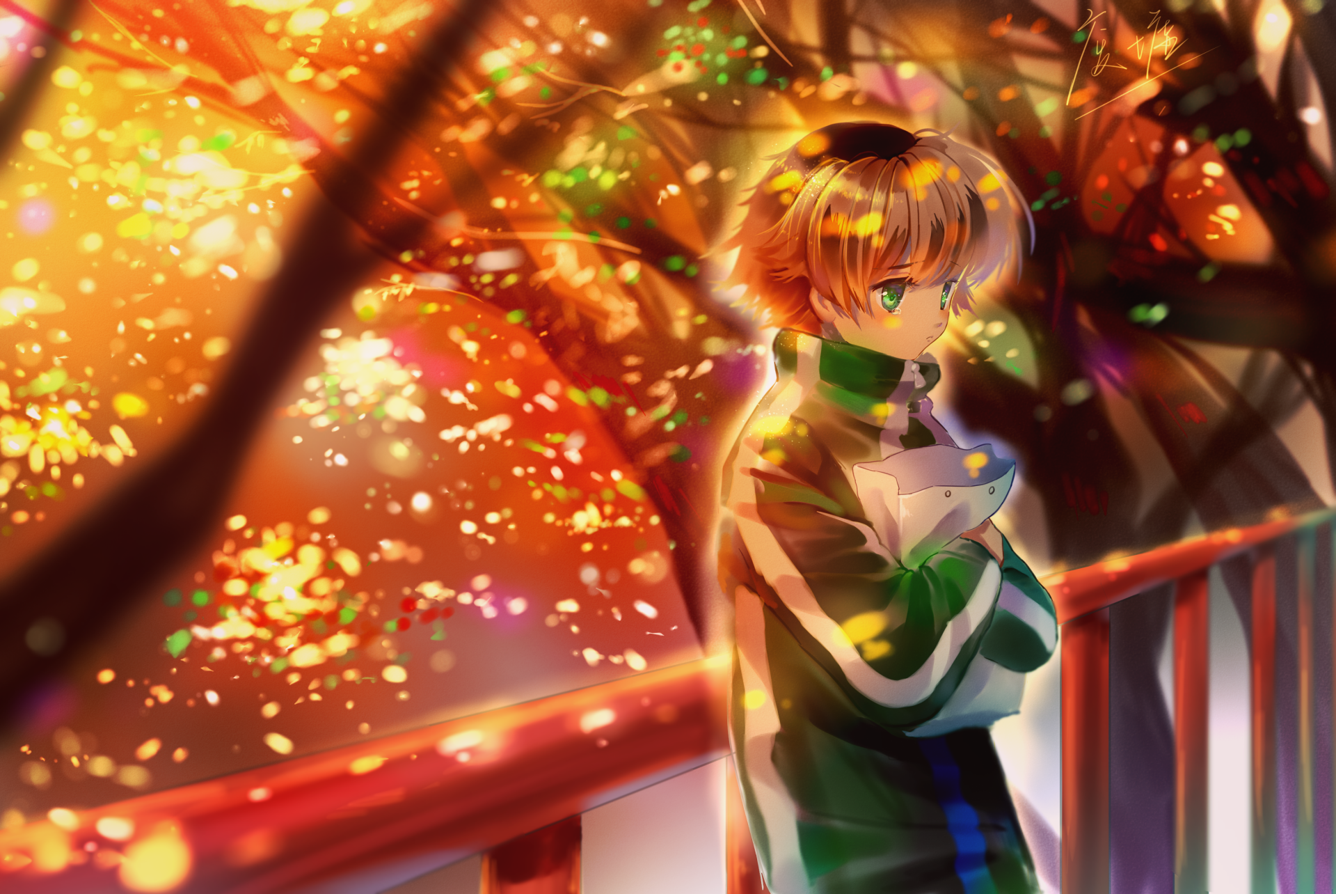 Katsuki Shima (Clannad) anime 2K Quad HD PC desktop wallpaper background: autumn-lit scene, character in green-white jacket standing by a railing amid glowing falling leaves and bokeh.