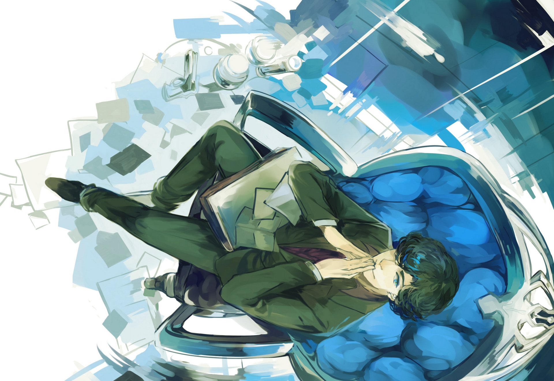 Stylized illustration of Sherlock Holmes from the TV show Sherlock (TV series), reclining in a blue chair amid scattered papers — 2K Quad HD PC desktop wallpaper.