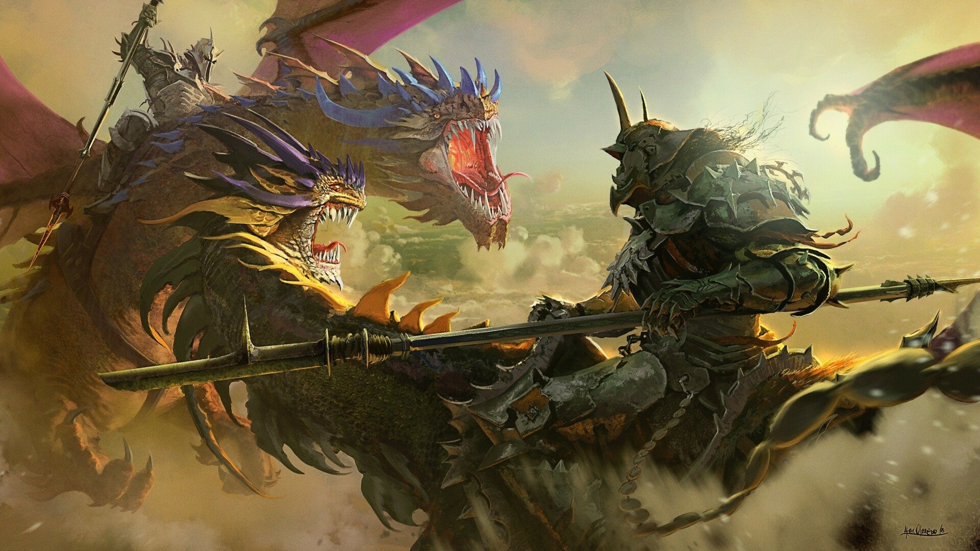 A fierce fantasy warrior facing a majestic dragon in an epic battle, set in high-definition for a captivating desktop wallpaper.