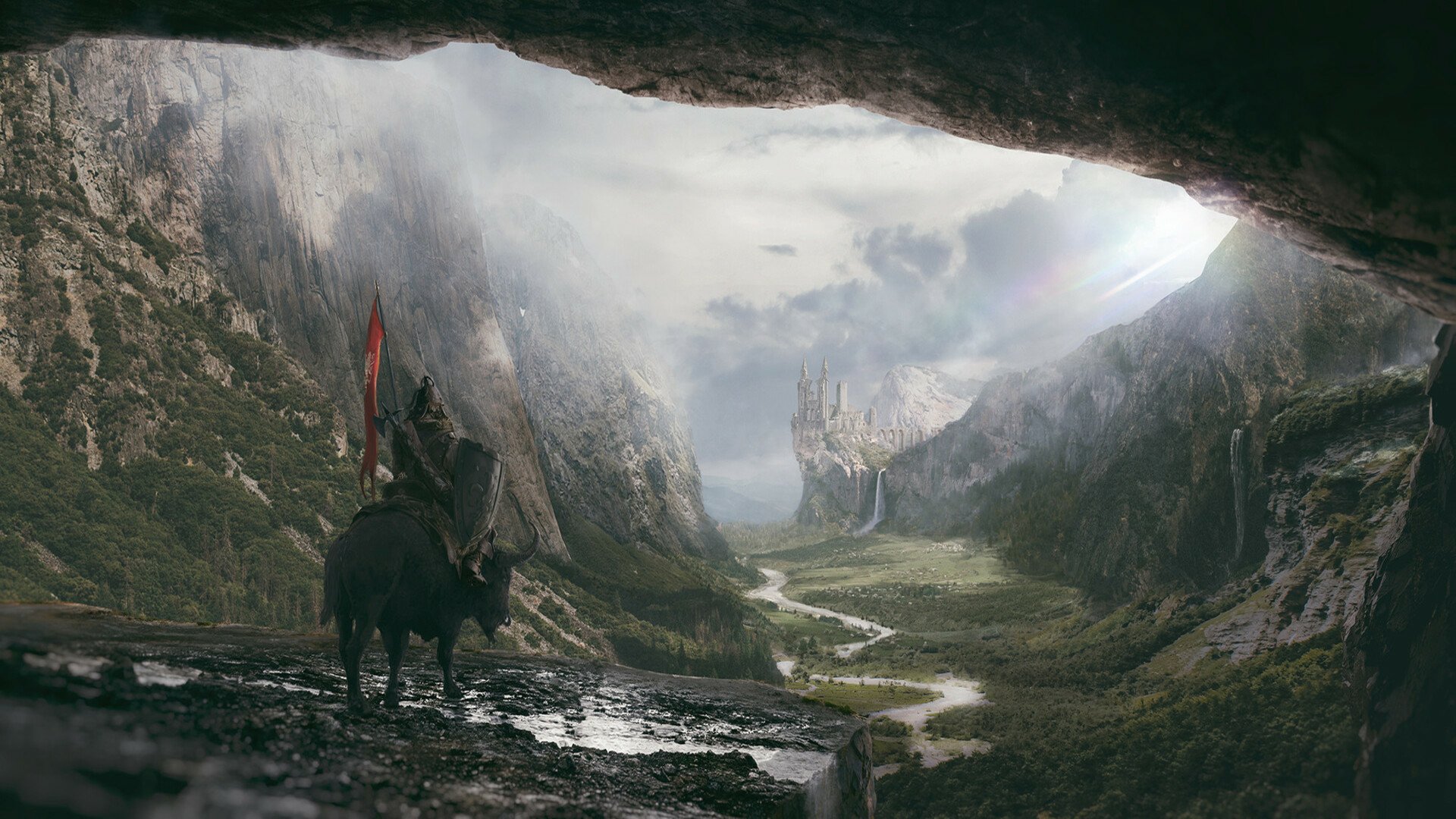 A fantasy warrior atop a buffalo overlooks a vast, misty landscape with a distant castle, captured in high-definition as a dramatic PC desktop wallpaper.