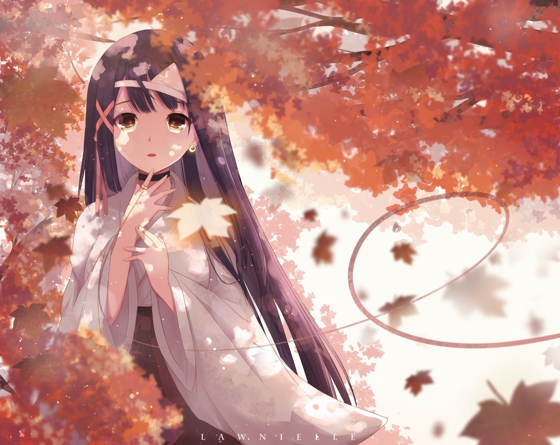 A beautiful anime girl with long dark hair surrounded by autumn leaves. She’s wearing a light kimono. This vibrant HD wallpaper and background perfectly captures a serene autumn moment.