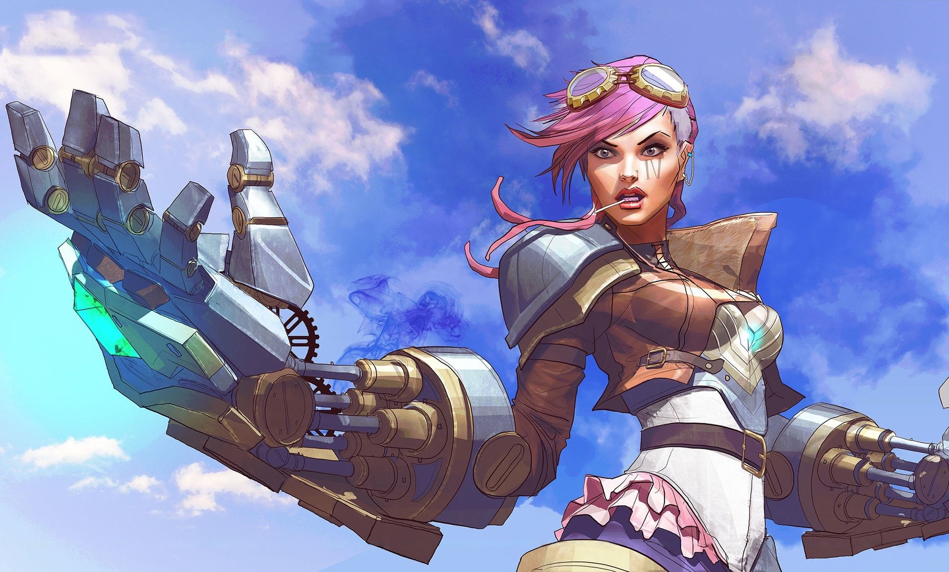HD PC desktop wallpaper of Vi, the pink‑haired video game champion from League of Legends, brandishing oversized mechanical gauntlets against a bright blue sky.