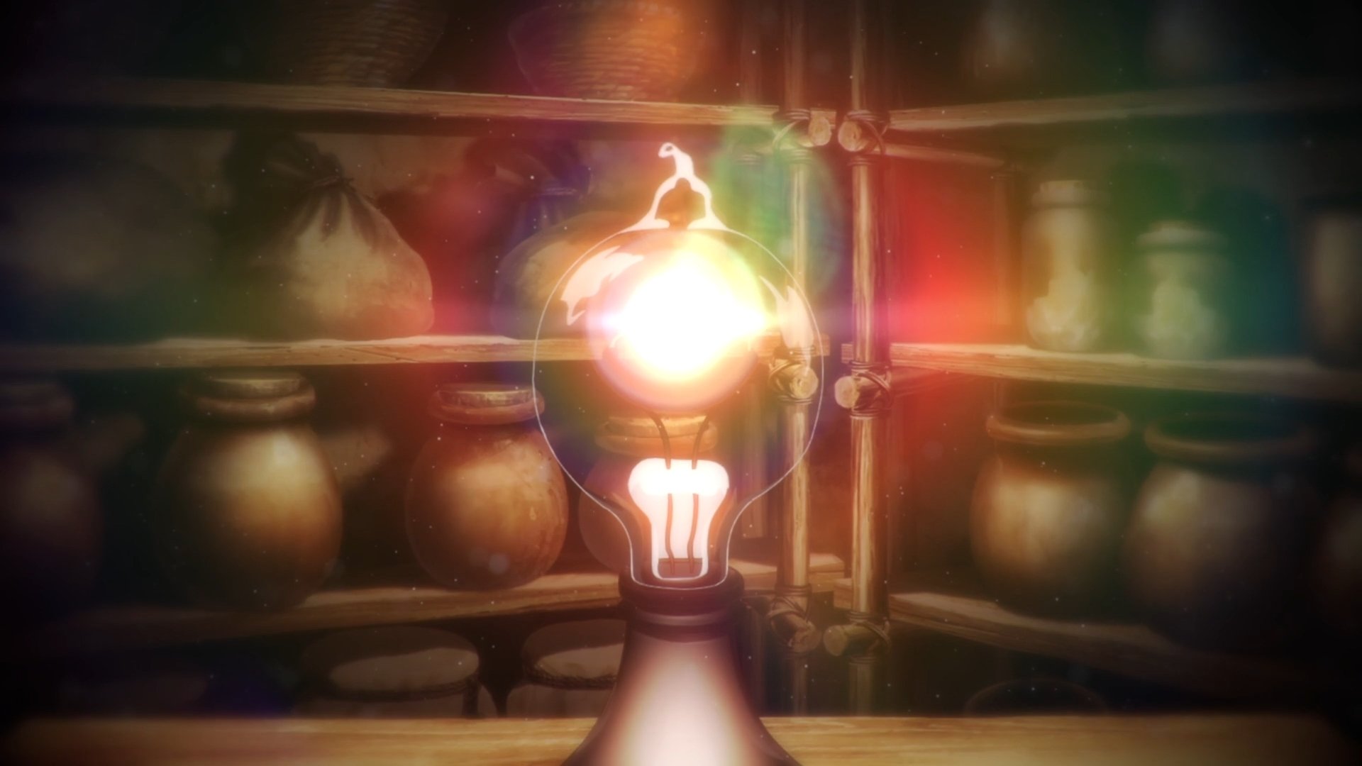 HD anime desktop wallpaper from Dr. Stone featuring a glowing light bulb with a warm, rustic background of jars and shelves.