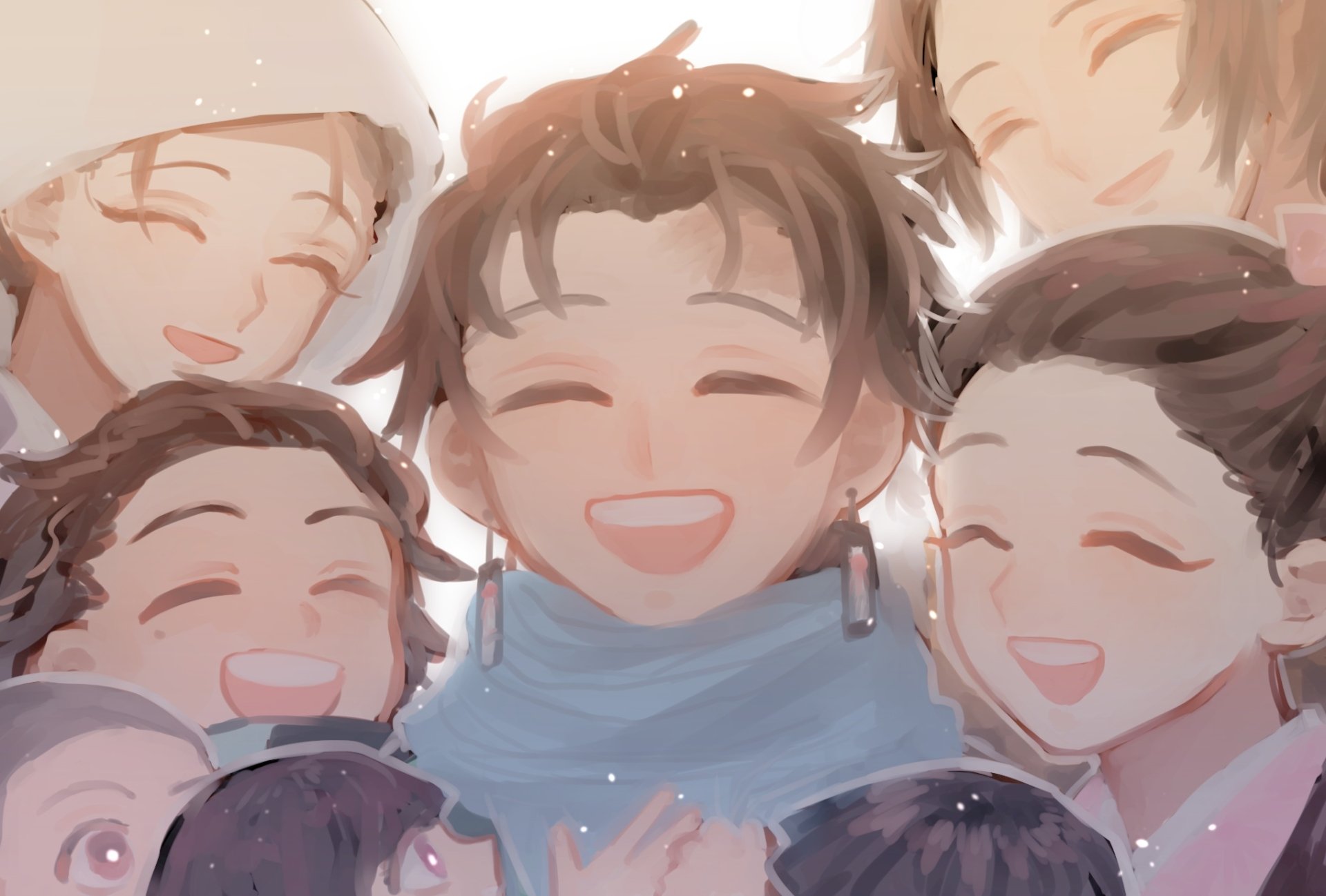 HD PC desktop wallpaper of Tanjiro Kamado from Demon Slayer: Kimetsu no Yaiba — anime-style scene of Tanjiro smiling brightly among joyful friends, warm pastel lighting and soft details.