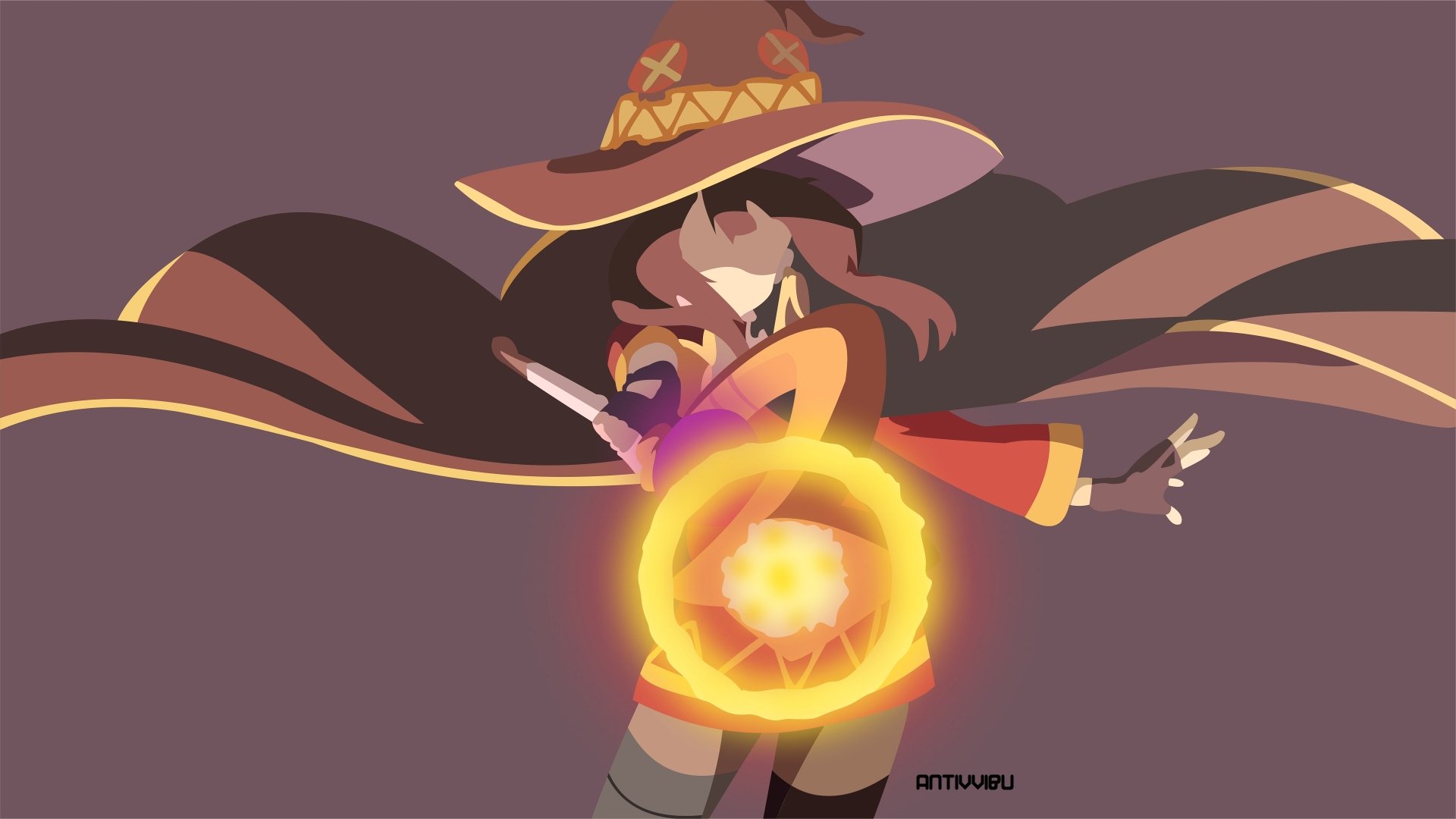 4K Ultra HD PC desktop wallpaper of Megumin (KonoSuba) from KonoSuba - God’s blessing on this wonderful world!!, hat and cloak billowing as she conjures a glowing explosive orb.