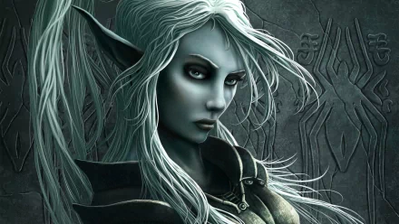 A striking HD wallpaper featuring a fantasy elf with pale skin and long, flowing hair, exuding an aura of strength and mystique against an intricate background.