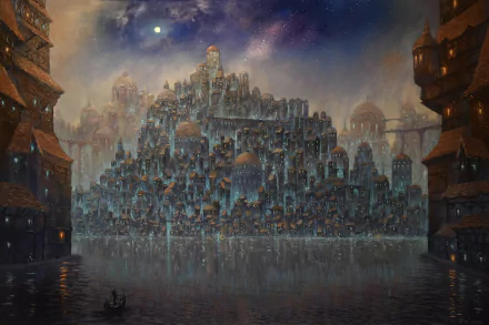 HD fantasy cityscape with towering, intricate buildings clustered on a hill, glowing softly under a misty night sky, reflected in calm water below.