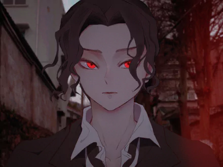 4K Ultra HD PC desktop wallpaper featuring Muzan Kibutsuji from the anime Demon Slayer: Kimetsu no Yaiba with glowing red eyes in a dark, eerie setting.