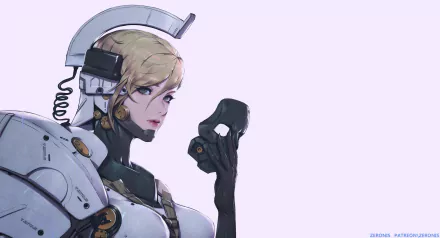 HD PC desktop wallpaper: Death Stranding mecha — blonde woman in white powered armor holding a black mask against a pale background.