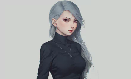 HD PC desktop wallpaper featuring Sae Niijima from the video game Persona 5, showcasing her with long silver hair and a black turtleneck against a plain background.