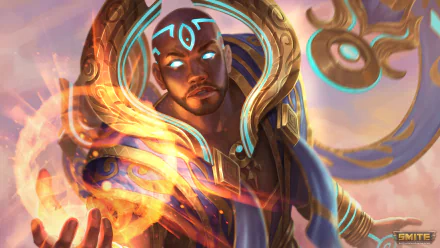 4K Ultra HD PC wallpaper featuring Olorun from the video game Smite, showcasing his glowing eyes and fiery, mystical energy.